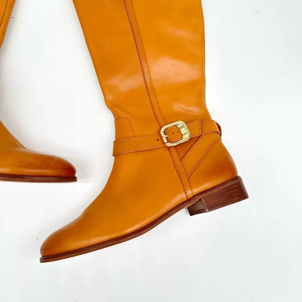 VINCE CAMUTO  Buckle Accent Ovarlym Round Toe Block Heel Leather Riding Boot
